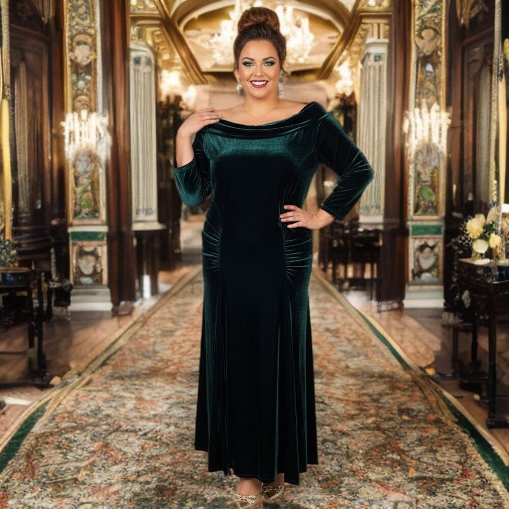 Unique Vintage Off Shoulder Velvet Maxi Dress 3/4 Sleeve Holiday Midi Party Gown
